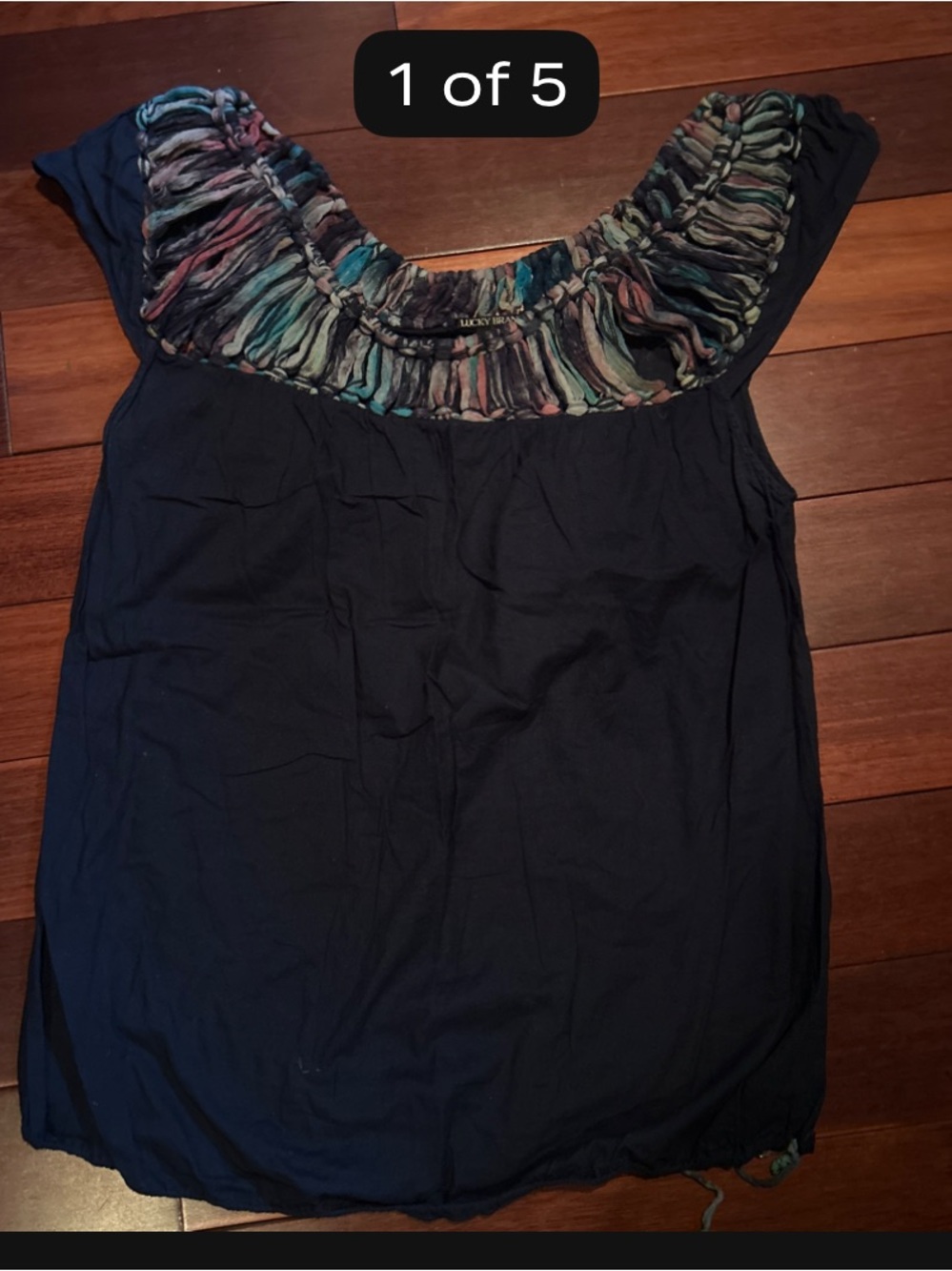 Lucky Brand Navy Tank Top with Multicolor Ruched Yoke